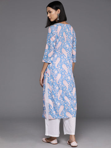Varanga Women Blue Abstract Printed Round Neck With Drawstring Details Straight Kurta