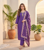 Kurta Set with solid ankle-length trousers, and a brocade dupatta