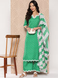 Varanga Women Green Bandhani Printed Neck Embroidered Straight Kurta With Bottom And Dupatta