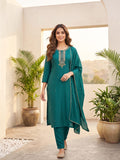 Purple 3-Piece Set With A Beadwork Yoke Kurta, Solid Trousers And Dupatta