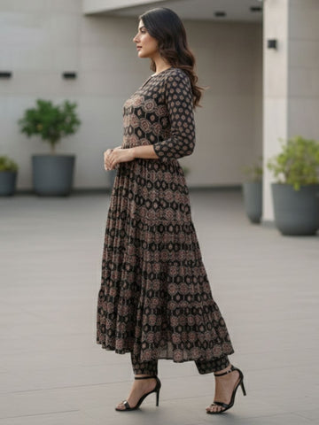 Midnight Blossom Tiered Flared Suit Set