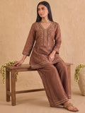 Embroidered Brown Kurta Set With Palazzo And Dupatta.