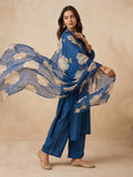 Women's Teal Blue Solid Kurta Set With Floral Printed Dupatta