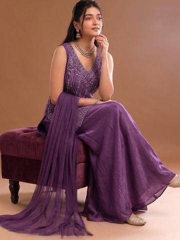 Purple Embroidered Kurta Set Featuring Zari And Sequin Work With A Matching Flared Palazzo And Embellished Dupatta