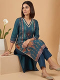 Varanga Women 3-Piece Blue Ikat-Printed Kurta Set With Solid Trousers And A Lace-Trimmed Dupatta