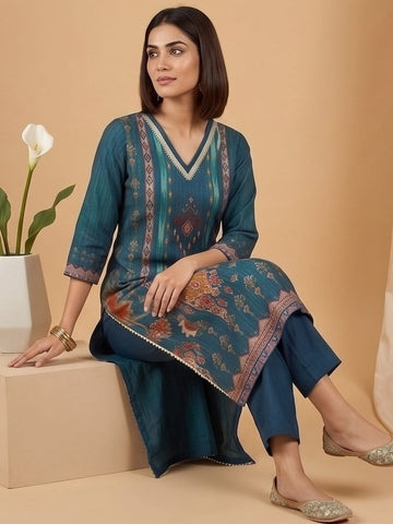 Varanga Women 3-Piece Blue Ikat-Printed Kurta Set With Solid Trousers And A Lace-Trimmed Dupatta