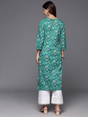 Varanga Women Turquoise Blue Floral Printed V Neck Straight Kurta Rs Vkur1869