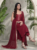Varanga Women Maroon Round Neck, Spaghetti Strap Style Straight Kurta Paired With Tonal Bottom And Dupatta