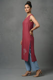 Sleeveless Solid Kurta with V-Neck and Subtle Floral Embroidery