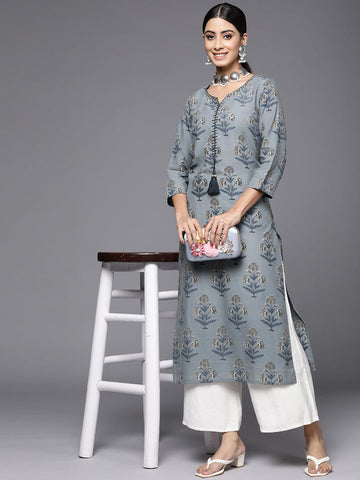 Varanga Women Grey & Blue Ethnic Motifs Printed Kurta