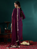 Violet Embroidered Straight Kurta Paired With Tonal Bottom And Dupatta With Four Side Fringes