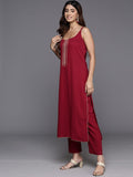 Varanga Women Maroon Round Neck, Spaghetti Strap Style Straight Kurta Paired With Tonal Bottom And Dupatta