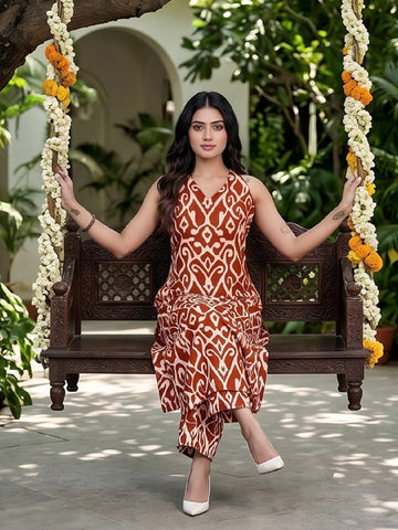 Varanga Women Red Ikat Printed Straight Kurta With Palazzo
