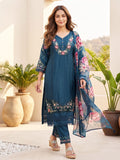 Varanga Women Floral Heavy Thread Embroidered Schffili Hem Kurta With Trouser & Dupatta