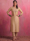 Beige Embroidered Chanderi Kurta Set With Straight Pants And Organza Dupatta.
