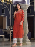 Red Ethnic Kurta Featuring Embroidered Yoke Detailing With Mirror.