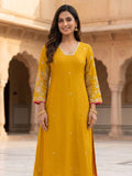 Women's Mustard Yellow Embroidered Kurta Set With Floral Printed Dupatta