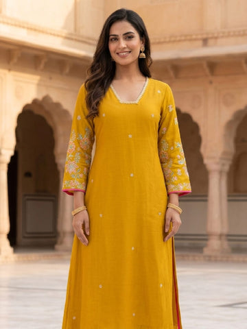 Women's Mustard Yellow Embroidered Kurta Set With Floral Printed Dupatta