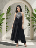 Black halter-neck A-line kurta featuring delicate white floral embroidery with matching solid trousers.