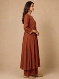 Rust Brown Zari-Work Anarkali Set With Organza Dupatta