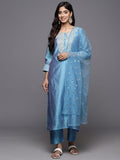 Varanga Women Blue Floral Embroidered Regular Chanderi Silk Kurta with Trousers & With Dupatta