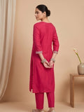 Fuchsia Straight-Fit Kurta Set With Solid Ankle-Length Trousers And An Embroidered Dupatta