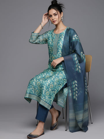 Varanga Women Blue Floral Printed Kurta, Round Neck Straight Kurta Paired With Tonal Bottom And Printed Dupatta.