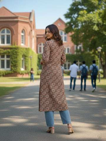 Varanga Traditional Jal Pattern Brown Kurta for Women