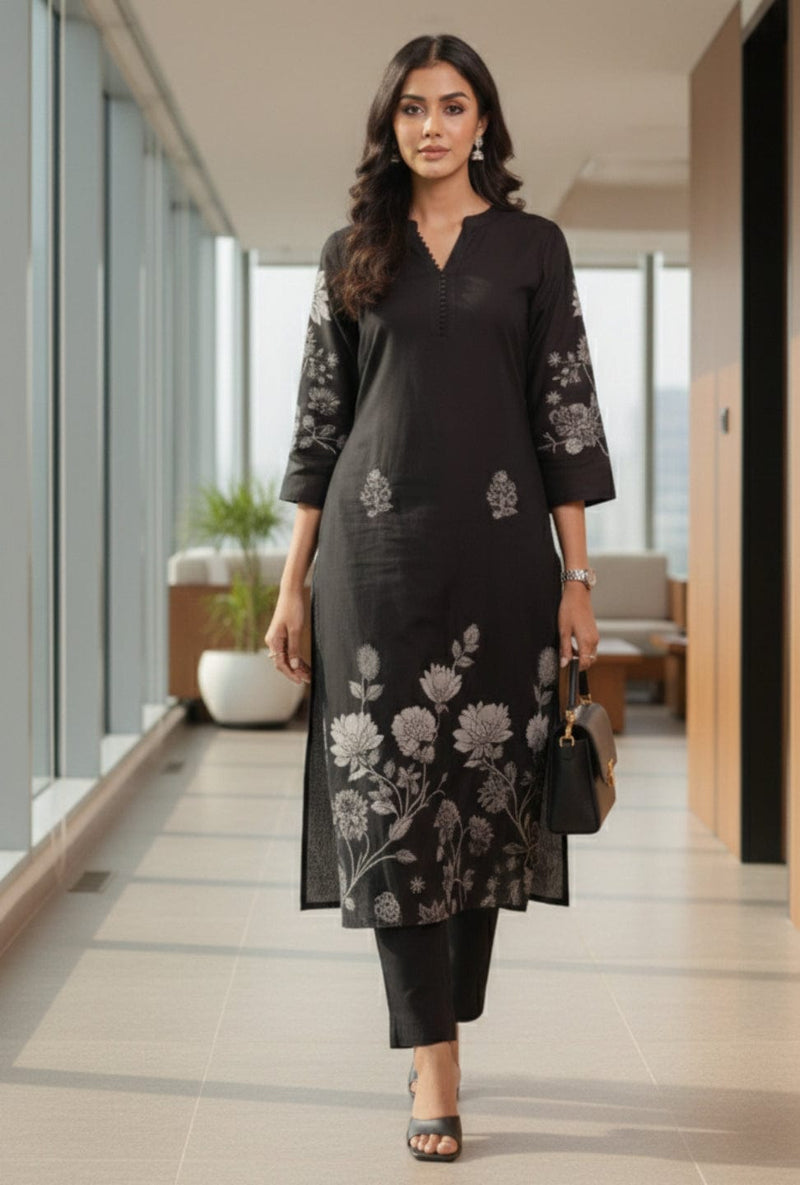 Varanga Women Black Floral Printed Kurta With Solid Trouser.
