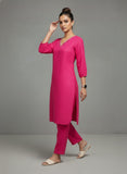 varanga Women Straight Kurta With Embroidery On Neck Paired With Solid Trousers