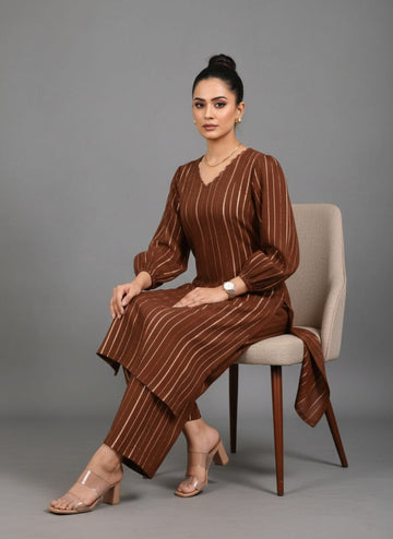 Varanga Women Brown Lurex A- Line Kurta With Trousers