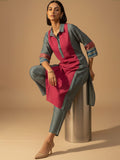 Classic red printed kurta with mandarin neckline and ankle-length elasticated trousers for effortless charm.