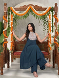 Varanga Women Blue Yoke Embroidered Sleeveless Flared Kurta With Trousers.