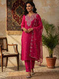 Fuchsia Straight-Fit Kurta Set With Intricate Zari Embroidery, Paired With Solid Ankle-Length Trousers And An Embroidered Dupatta For A Graceful Festive Look.