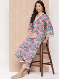 KSUT Women Blue Floral Printed V-Neck Straight Kurta Paired With Printed Bottom