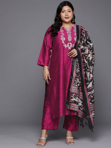 Varanga Women Plus Size Straight Emroidered Kurta With Printed Bottom