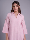 Women's Pink & White Striped Cotton-Blend Collared Shirt Dress