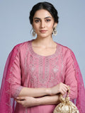Zari embroidered kurta with trousers & sequins detailed contrast dupatta