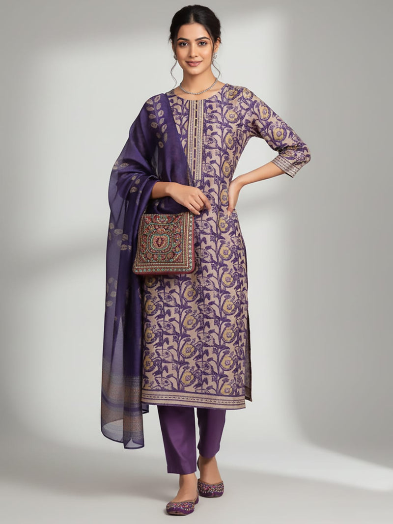 Varanga Women Purple Floral Printed Straight Kurta With Trousers And Printed Dupatta.