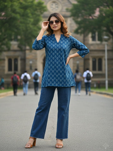 Varanga Womenâ€™s Blue Printed Tunic with 3/4 Sleeves