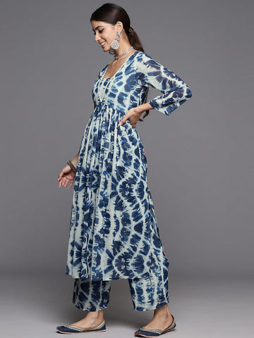 KSUT Women Blue Shibori Printed V-Neck A-Line Kurta Paired With Tonal Printed Bottom
