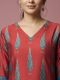 Midnight Rust V-Neck Kurta with Traditional Buta Print