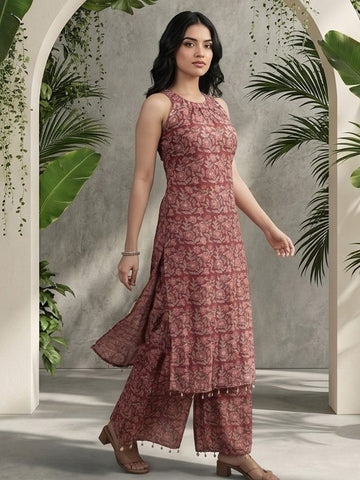 Rust Block-Style Print Kurta with Palazzo Pants