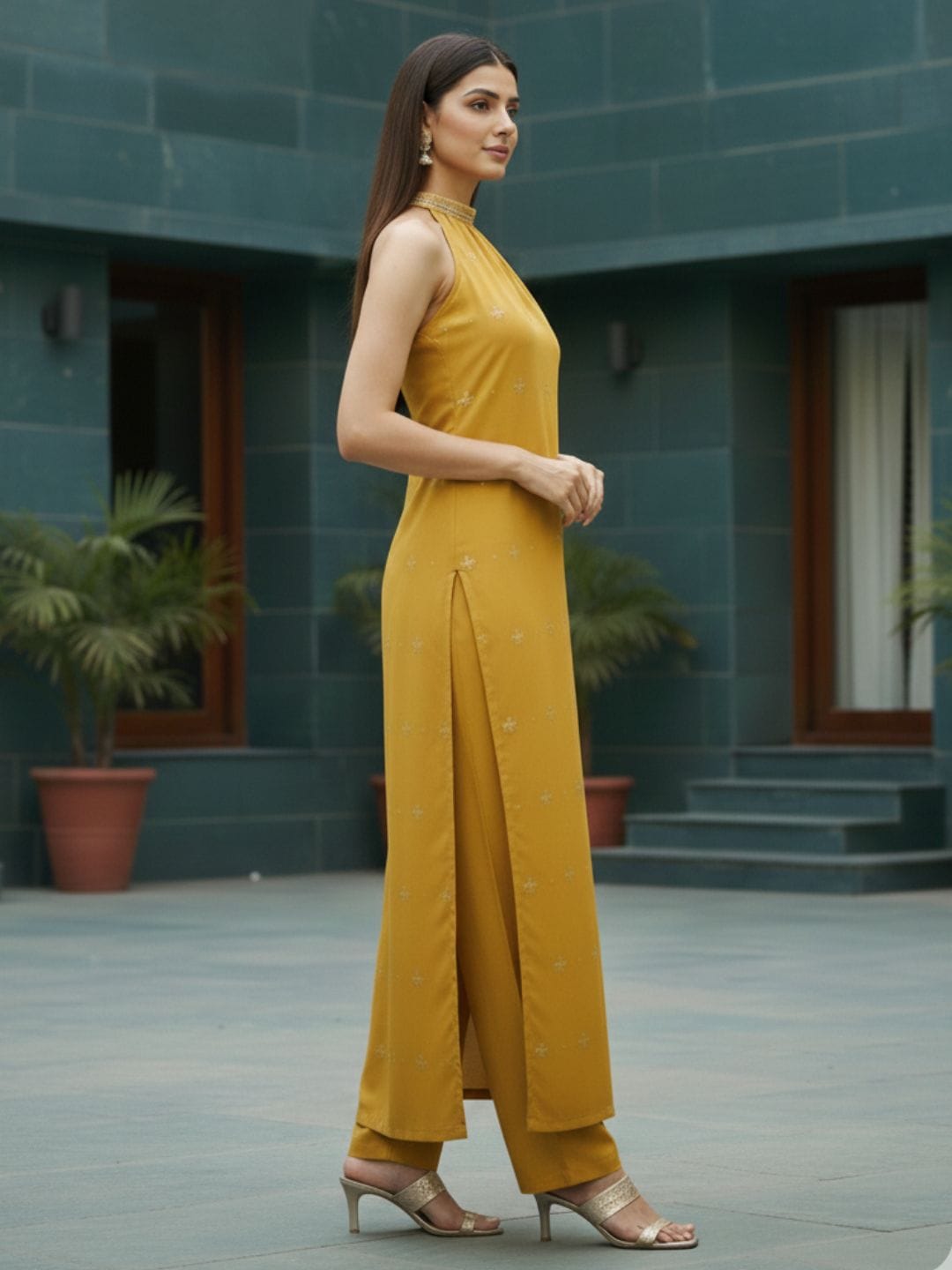 Varanga Women Halter Neck Straight Lurex Kurta with trouser