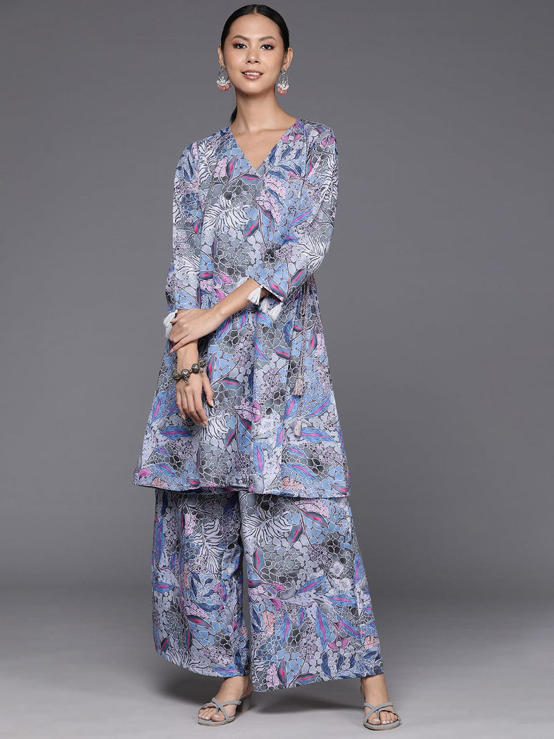 KSUT Women Grey Abstract Printed Angrakha Style Kurta With Bottom