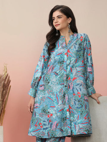 Varanaga sea green abstract printed mandarin collar, bishop sleeves Aline kurta paired with tonal printed bottom