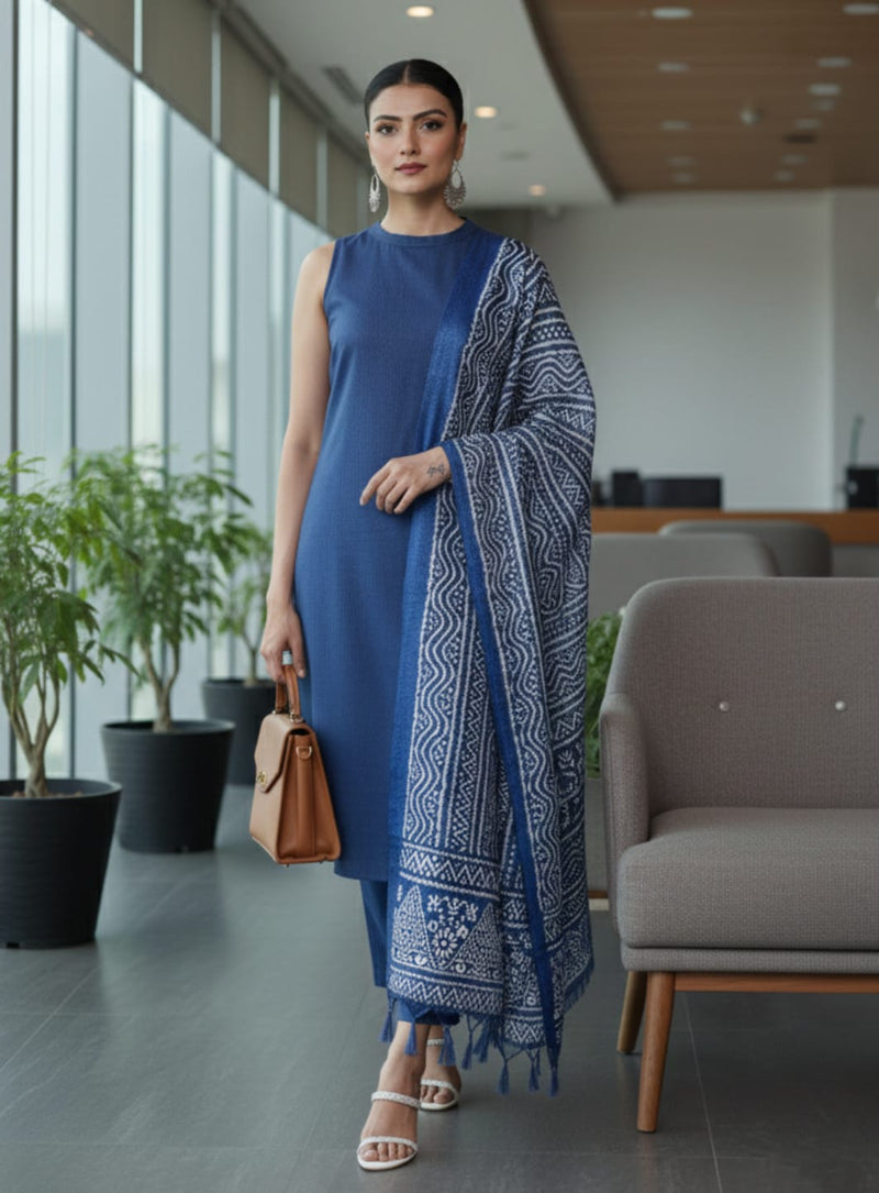 Varanga Women Blue Solid Kurta Set Paired With Printed Dupatta