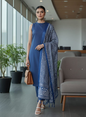 Varanga Women Blue Solid Kurta Set Paired With Printed Dupatta