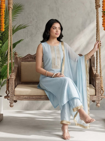 Varanga Women Blue Straight Kurta With Tonal Bottom & Dupatta