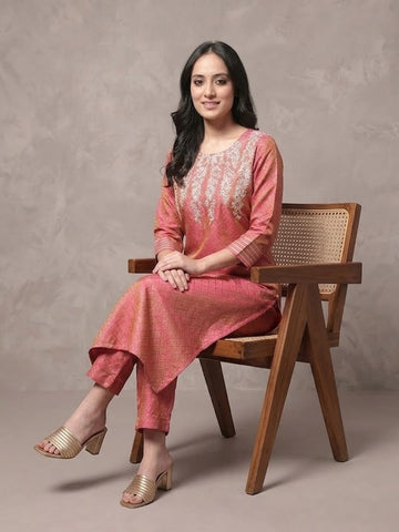 Varanga Women Coral Gota Patti Kurta With Gota Embellishmant On Sleeves